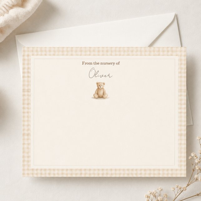 Gingham Baby Teddy Bear Nursery Neutral Card (Creator Uploaded)
