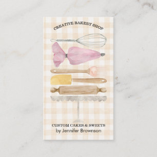 Gingham Bakery Pastry Chef Watercolor Cake Decor Business Card