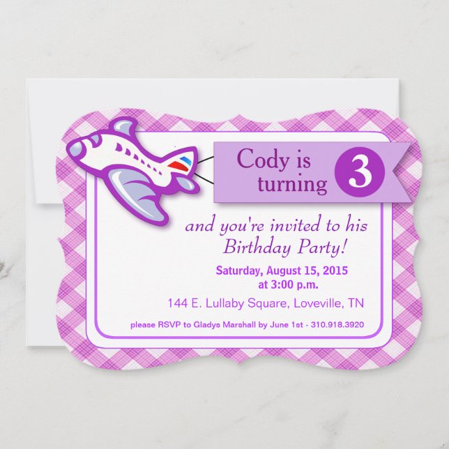 Gingham Banner Plane Birthday | lavender Invitation (Front)