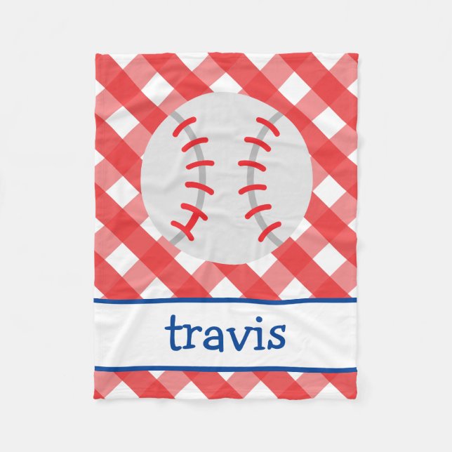 Gingham Baseball Personalised Fleece Blanket (Front)