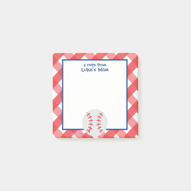 Gingham Baseball Personalised Post-it Notepad (Front)