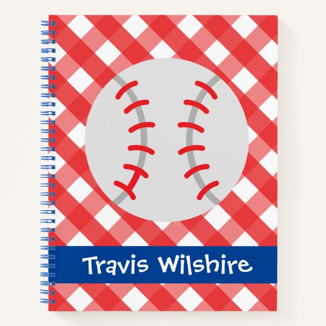 Gingham Baseball Personalised Spiral Notebook (Front)