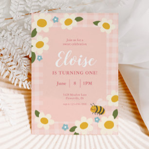 Gingham Bee & Daisies Birthday  Invitation