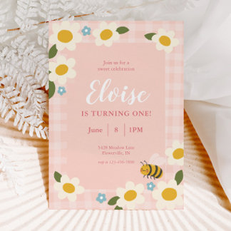 Gingham Bee & Daisies Birthday Invitation