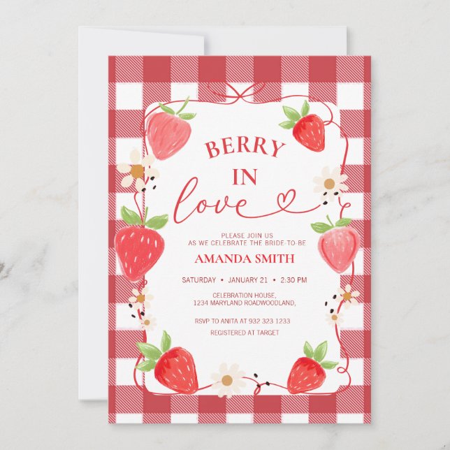 Gingham Berry In Love Red Bow Bridal Shower Invitation (Front)