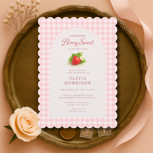 Gingham Berry Sweet Strawberry Baby Shower Invitation