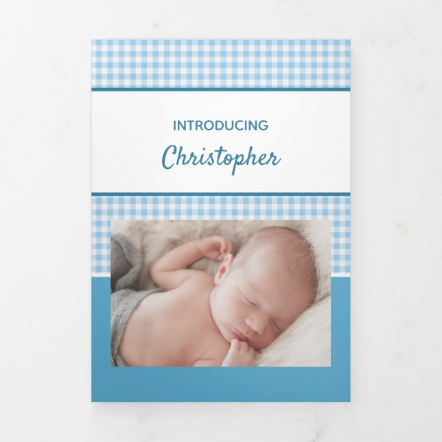 Gingham blue and white photos baby boy Tri-Fold announcement (Cover)