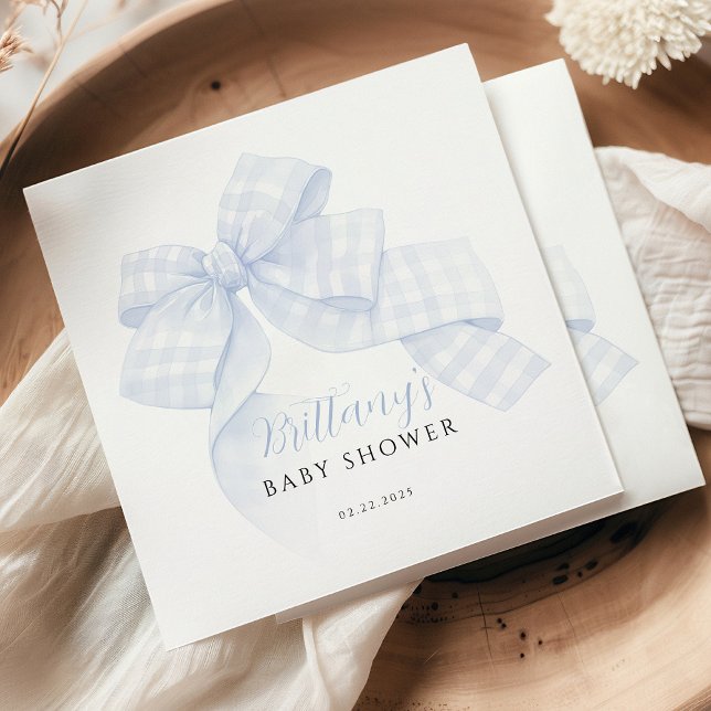 Gingham Blue Bow Baby Shower Paper Napkins (Creator Uploaded)