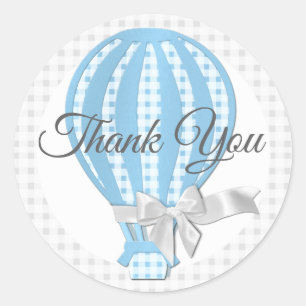 Gingham Blue Hot Air Balloon Classic Round Sticker