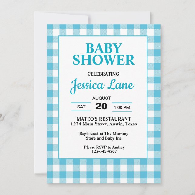 Gingham Blue Plaid Baby Shower Invitation (Front)
