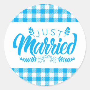 Gingham Blue Plaid Country Just Married Wedding Classic Round Sticker