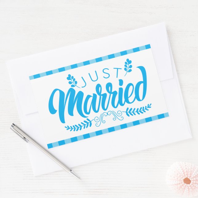 Gingham Blue Plaid Country Just Married Wedding Rectangular Sticker (Envelope)