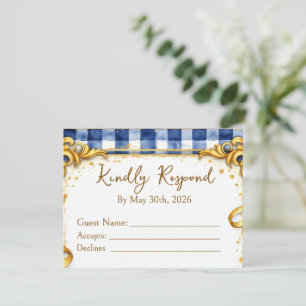 Gingham Blue White Gold Luxury Modern Trendy Chic RSVP Card