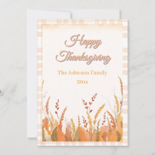 Gingham Boho Pampas Grass Rustic Thanksgiving Holiday Card