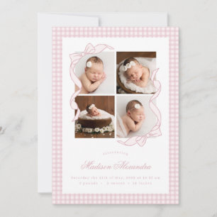 Gingham Bow 4 Frame Photo Birth Announcement
