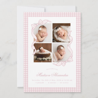 Gingham Bow 4 Frame Photo Birth Announcement