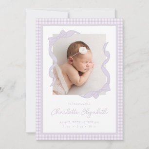 Gingham Bow Photo Birth Announcement