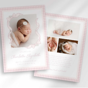 Gingham Bow Photo Birth Announcement