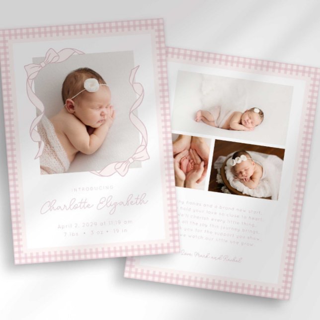Gingham Bow Photo Birth Announcement (Creator Uploaded)