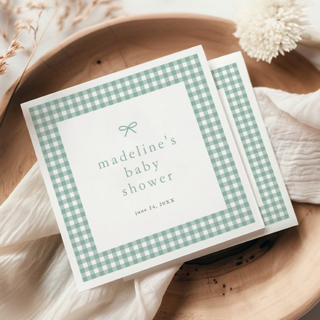Gingham Bow Sage Green Gender Neutral Baby Shower Napkin (Sage green bow gingham gender neutral baby shower napkins.)