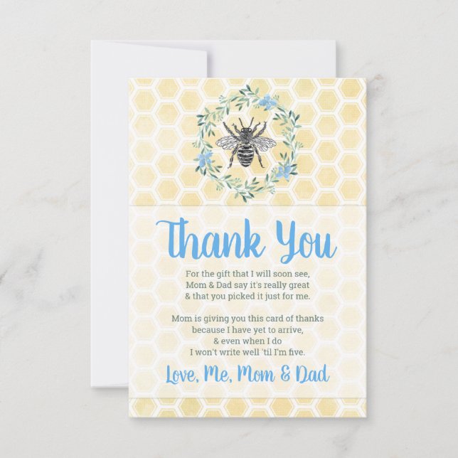 gingham boy mummy to bee theme flat baby shower thank you card (Front)
