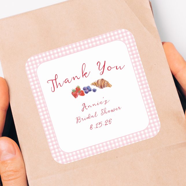 Gingham Brunch Bridal Shower Light Pink Thank You Square Sticker (Creator Uploaded)