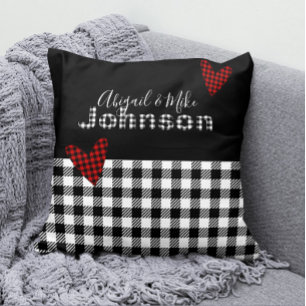 Gingham Buffalo Check Personalised Black Red White Cushion