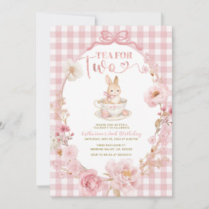 Gingham Bunny Tea Party Birthday Pink Bow Invitation