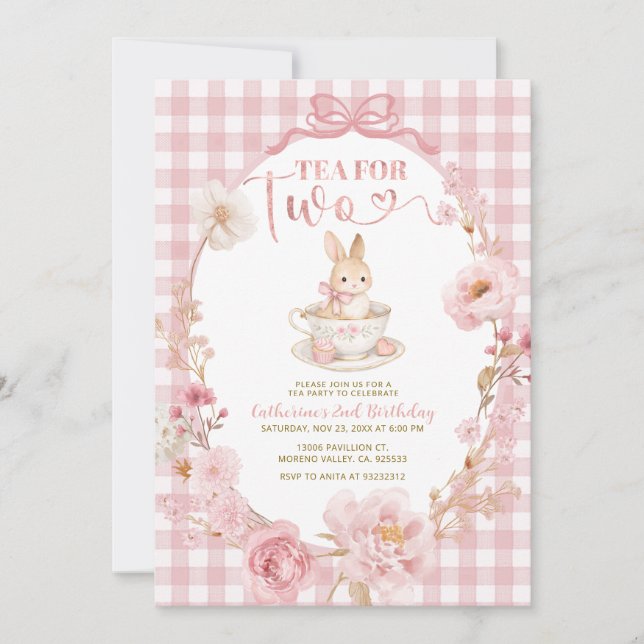 Gingham Bunny Tea Party Birthday Pink Bow Invitation (Front)