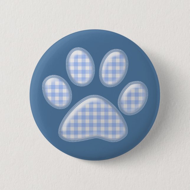 gingham cat paw - blue 6 cm round badge (Front)
