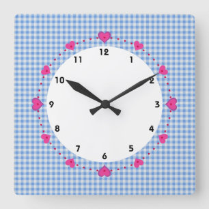 gingham check blue and white with hearts clock