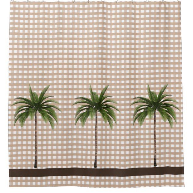 Gingham Check | Brown Stripe | Three Palm Trees Shower Curtain (Front)
