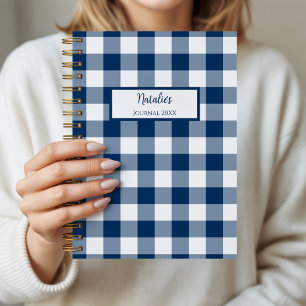 Gingham Check Navy Personalised Journal Notebook