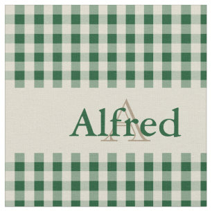 Gingham Check Pattern Monogram Dark Green Beige Fabric
