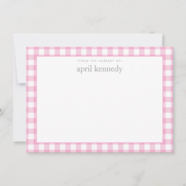 Gingham Check Personalised Light Pink Flat  Card (Front)