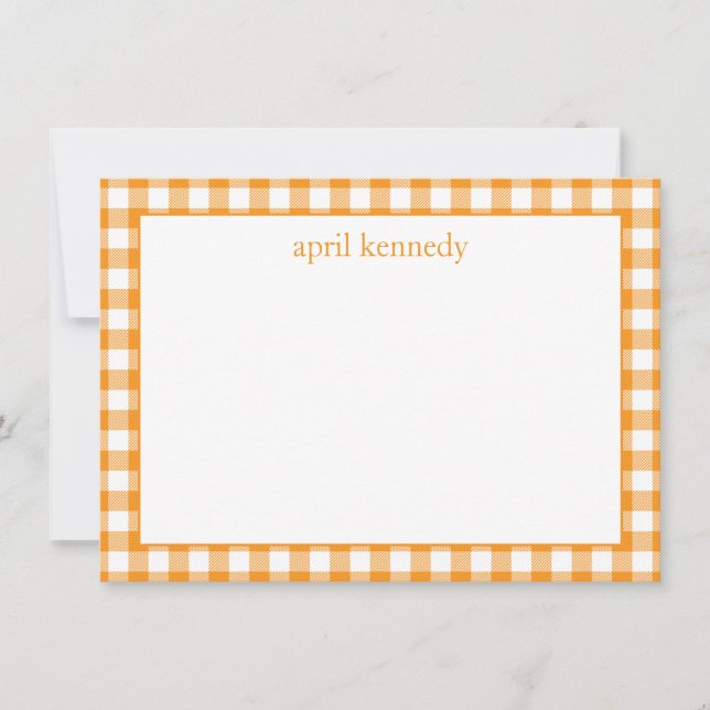 Gingham Check Personalised Orange Flat  Card (Front)