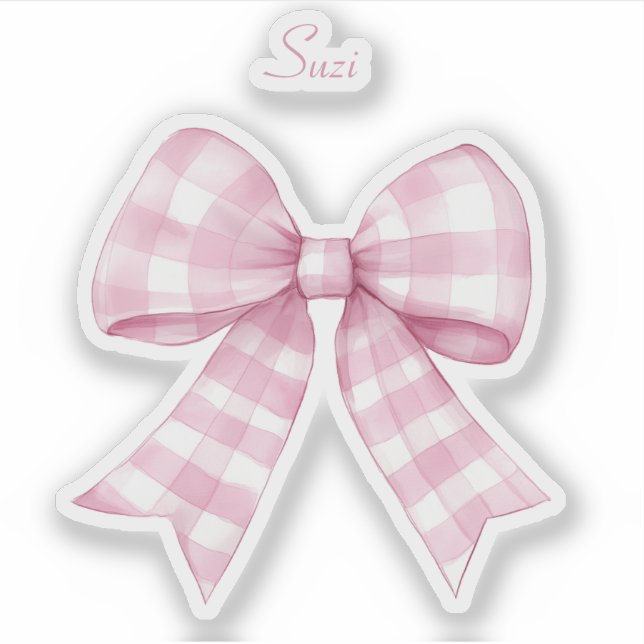 Gingham Check Pink Bow with Name Vinyl Sticker (Front)