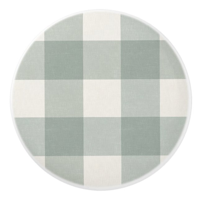 Gingham checks plaid light sage green ceramic knob (Front)