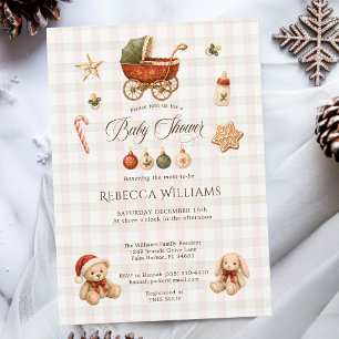 Gingham Christmas Vintage Stroller Baby Shower Invitation