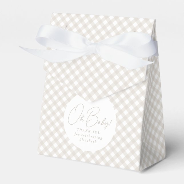 Gingham classic simple neutral beige baby shower favour box (Front Side)