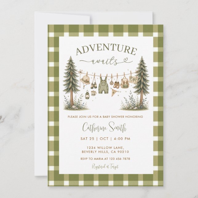 Gingham Clothesline Adventure Awaits Baby Shower  Invitation (Front)
