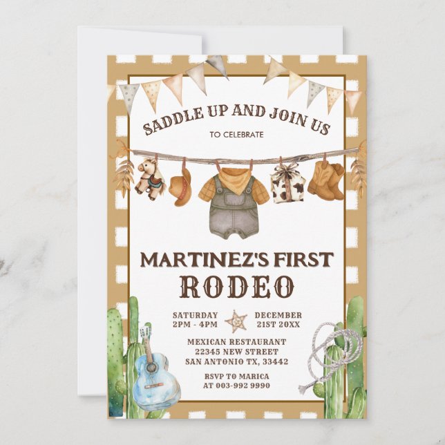 Gingham Clothesline My First Rodeo Cowboy Birthday Invitation (Front)