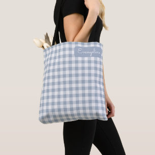 Gingham Coastal Plaid Preppy Check Blue White Name Tote Bag