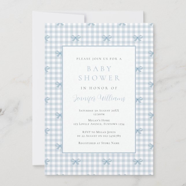 Gingham Coquette Blue Boy Baby Shower Invitation (Front)