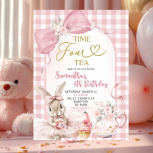 Gingham Coquette Pink Floral Bunny Fourth Birthday Invitation
