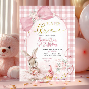 Gingham Coquette Pink Floral Bunny Third Birthday Invitation