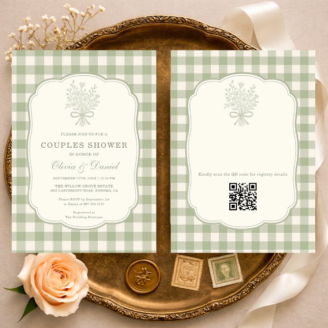 Gingham Couples Shower Floral Bow QR Code Invitation (Creator Uploaded)
