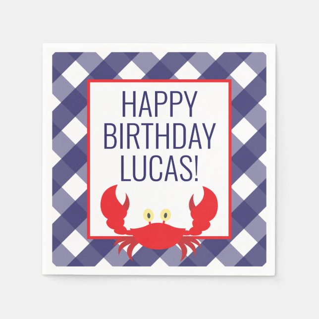 Gingham Crab Personalised Party Napkins (Front)
