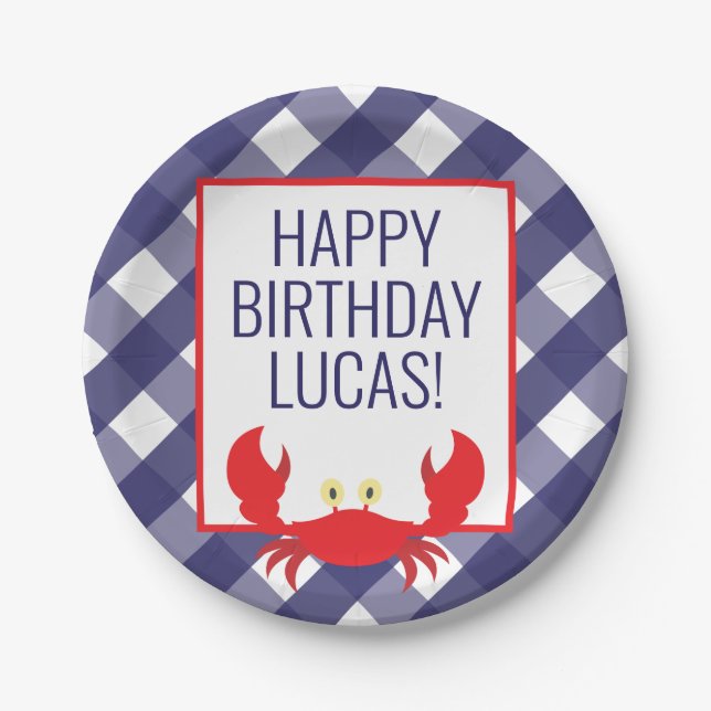 Gingham Crab Personalised Party Plates (Front)