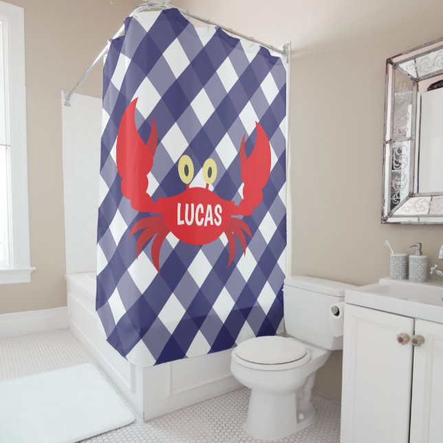 Gingham Crab Personalised Shower Curtain (In Situ)